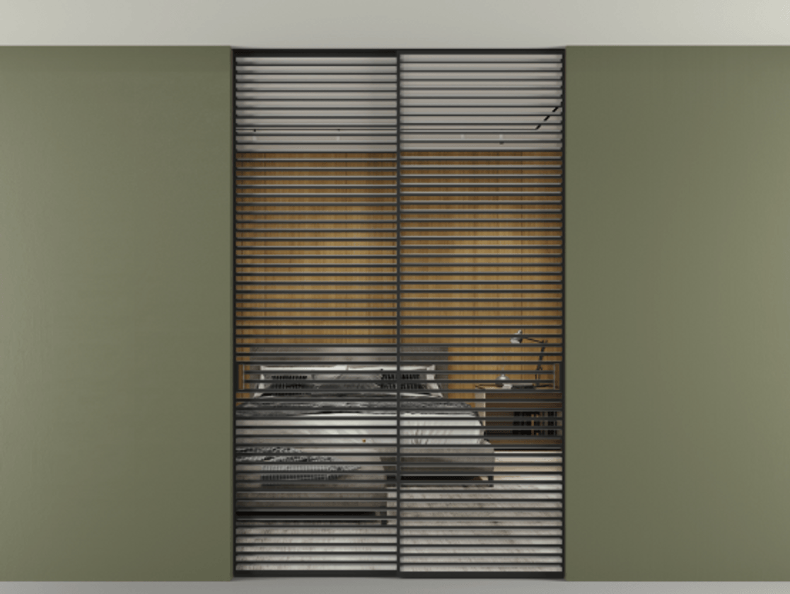 Перегородка Формато внутри проёма скрытое крепление в потолок 2 створки АЛПР 040.07 Алюминий Черный Двустороннее зеркало, триплекс , триплекс 6 мм Цена 2672110 AMD | Volhovec