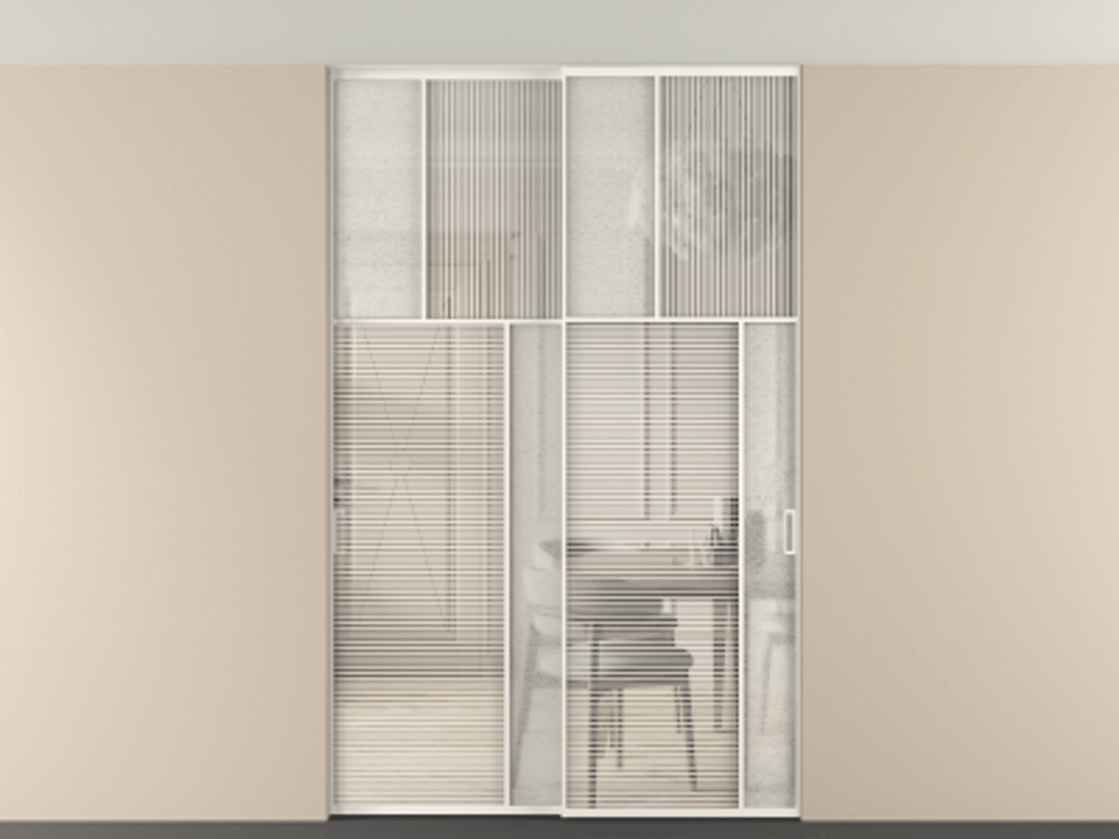 Перегородка Мозаик внутри проёма скрытое крепление в потолок 2 створки АЛПР 041.23 Алюминий пудровый белый Рифлёное стекло "Дюна", триплекс, 6 мм + Фактурное стекло "Лёд", триплекс Цена 2296870 AMD | Volhovec