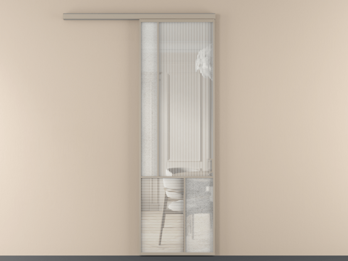 Перегородка Mosaic вдоль стены 1 створка АЛПР 041.20 Алюминий бисквитный Рифлёное стекло "Дюна", триплекс, 6 мм + Фактурное стекло "Лёд", триплекс Цена 978080 AMD | Volhovec