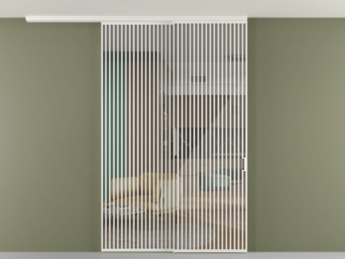 Перегородка Формато вдоль стены на потолок 2 створки с синхронным механизмом АЛПР 040.06 Алюминий светло-серый Рефлективное прозрачное стекло "Стопсол", калёное Цена 3659430 AMD | Volhovec