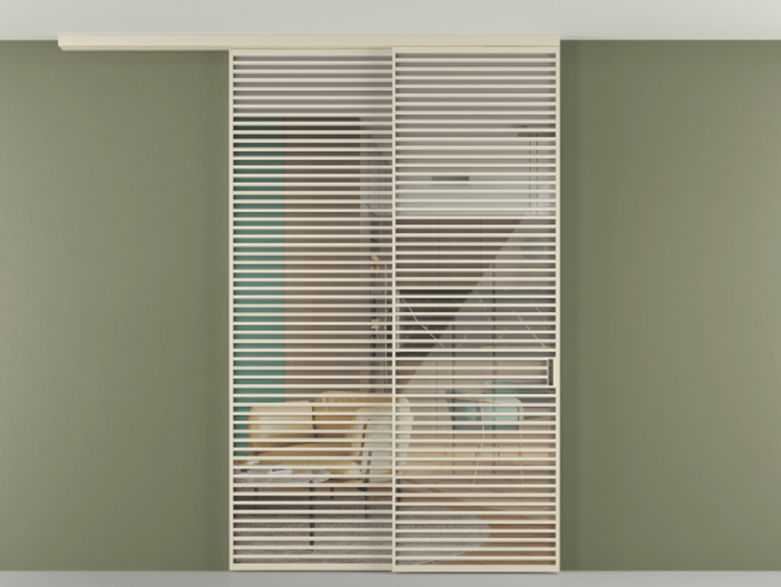 Перегородка Формато вдоль стены на потолок 2 створки с синхронным механизмом АЛПР 040.07 Алюминий бежево-серый Рефлективное прозрачное стекло "Стопсол", калёное Цена 3659430 AMD | Volhovec