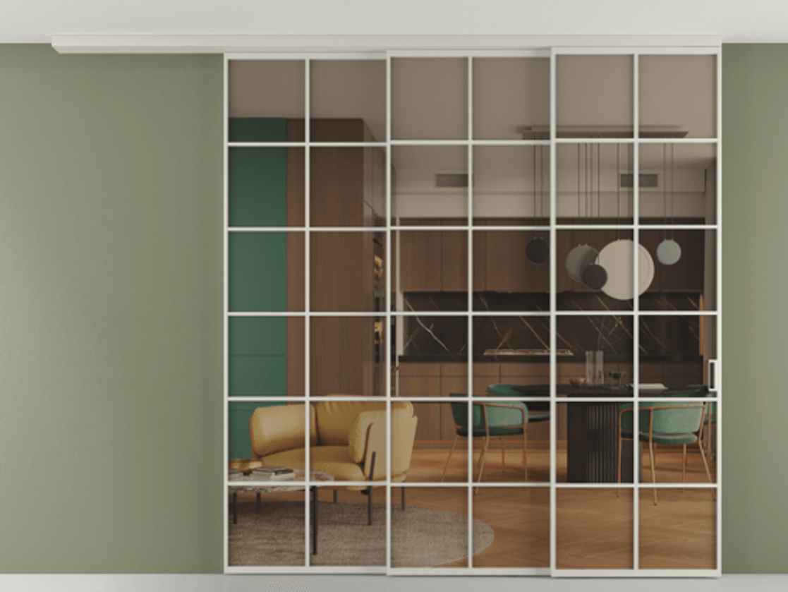 Перегородка Formato вдоль стены на потолок 3 створки с синхронным механизмом АЛПР 040.05 Алюминий тёплый серый Прозрачное бронзовое стекло, триплекс Цена 2719710 AMD | Volhovec