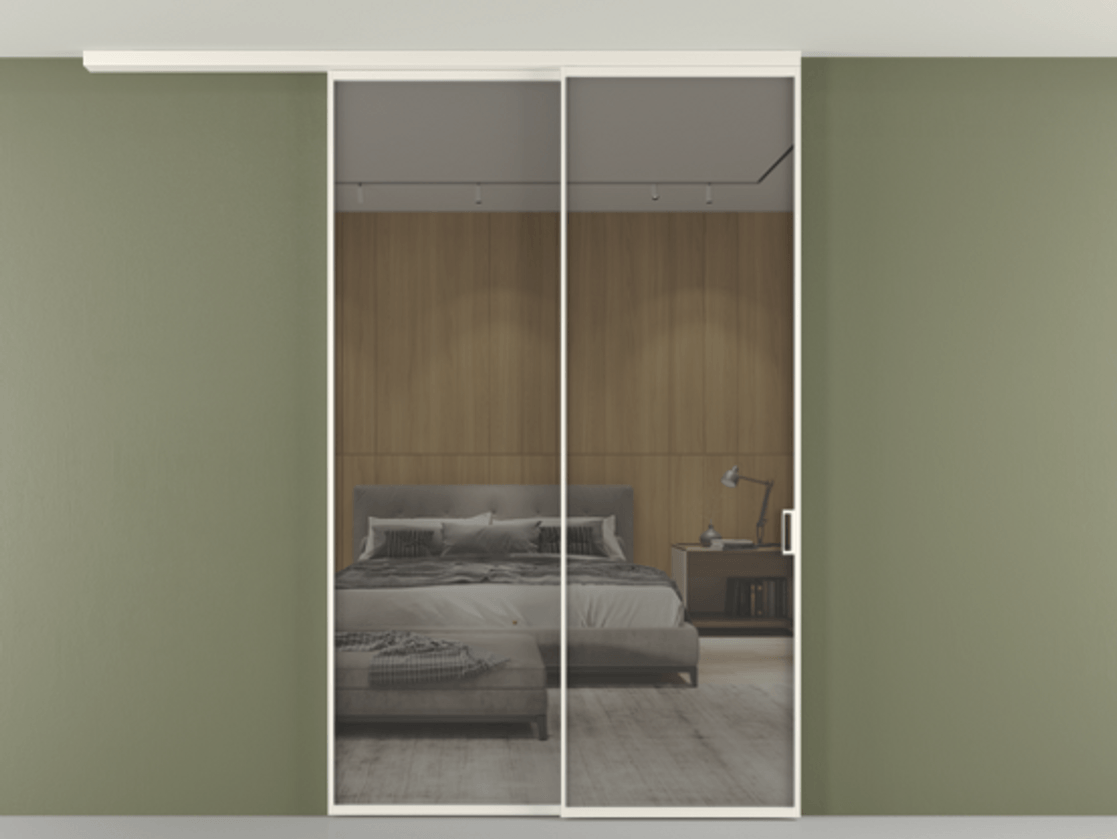 Перегородка Формато вдоль стены на потолок 2 створки с синхронным механизмом АЛПР 040.01 Алюминий пудровый белый Рефлективное серое стекло "Стопсол", калёное Цена 2125300 AMD | Volhovec