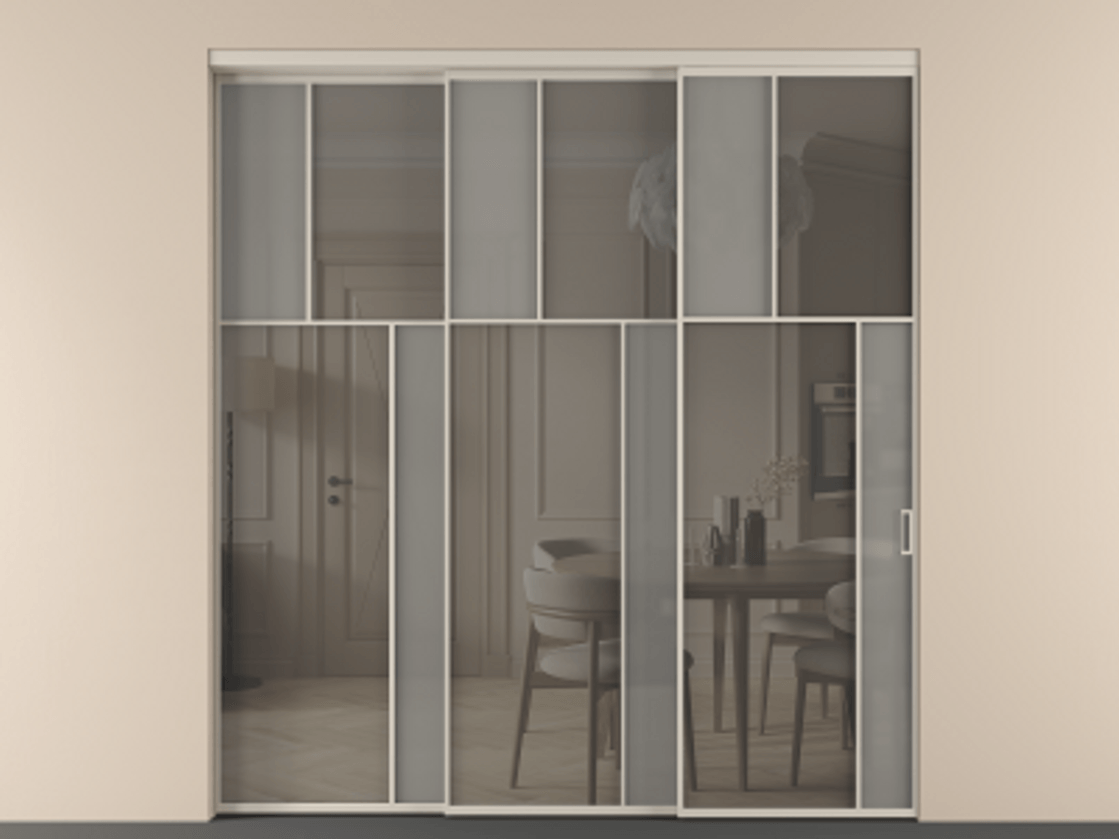 Перегородка Мозаик внутри проёма 3 створки с синхронным механизмом АЛПР 041.23 Алюминий светло-бежевый Сатинированное серое стекло, триплекс, 6 мм + Прозрачное серое стекло, триплекс Цена 2949760 AMD | Volhovec