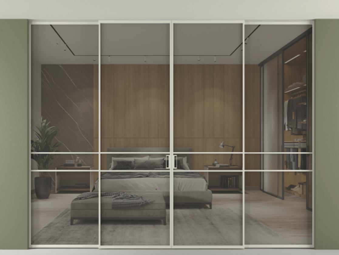 Перегородка Формато внутри проёма скрытое крепление в потолок 4 створки АЛПР 040.02 Алюминий тёплый серый Рефлективное серое стекло "Стопсол", калёное Цена 3743860 AMD | Volhovec