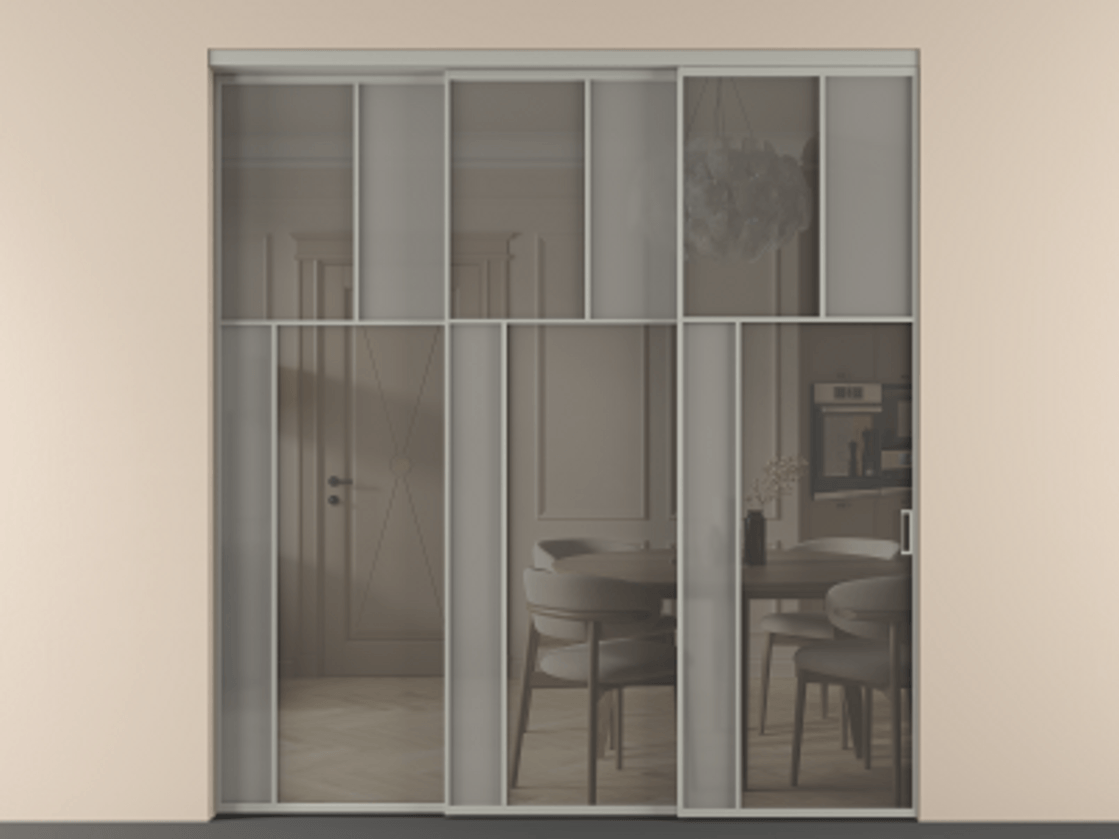 Перегородка Мозаик внутри проёма 3 створки с синхронным механизмом АЛПР 041.22 Алюминий нейтральный серый Сатинированное серое стекло, триплекс, 6 мм + Прозрачное серое стекло, триплекс Цена 2949760 AMD | Volhovec