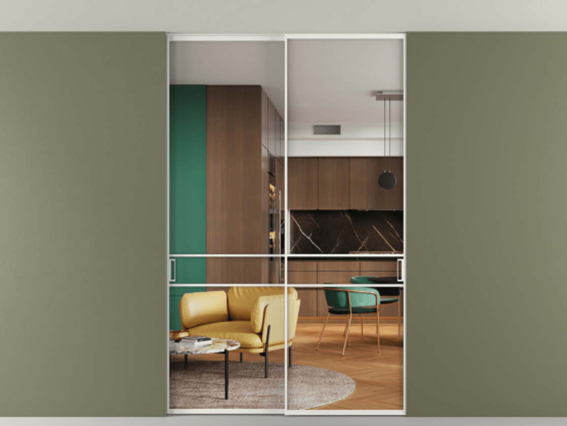 Перегородка Формато внутри проёма скрытое крепление в потолок 2 створки АЛПР 040.02 Алюминий светло-серый Прозрачное стекло "Кристал Вижн", калёное Цена 305520 ₽ | Volhovec