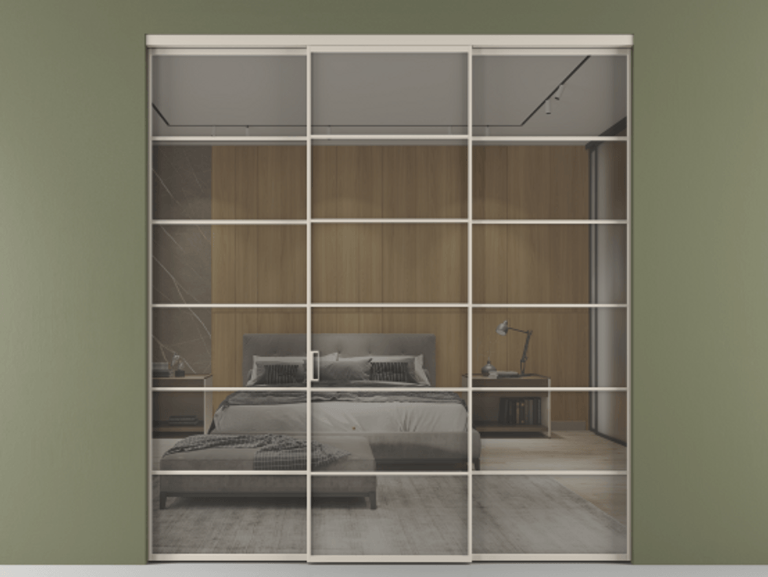 Перегородка Formato внутри проёма 3 створки АЛПР 040.04 Алюминий светло-бежевый Рефлективное серое стекло "Stopsol", калёное Цена 2299700 AMD | Volhovec