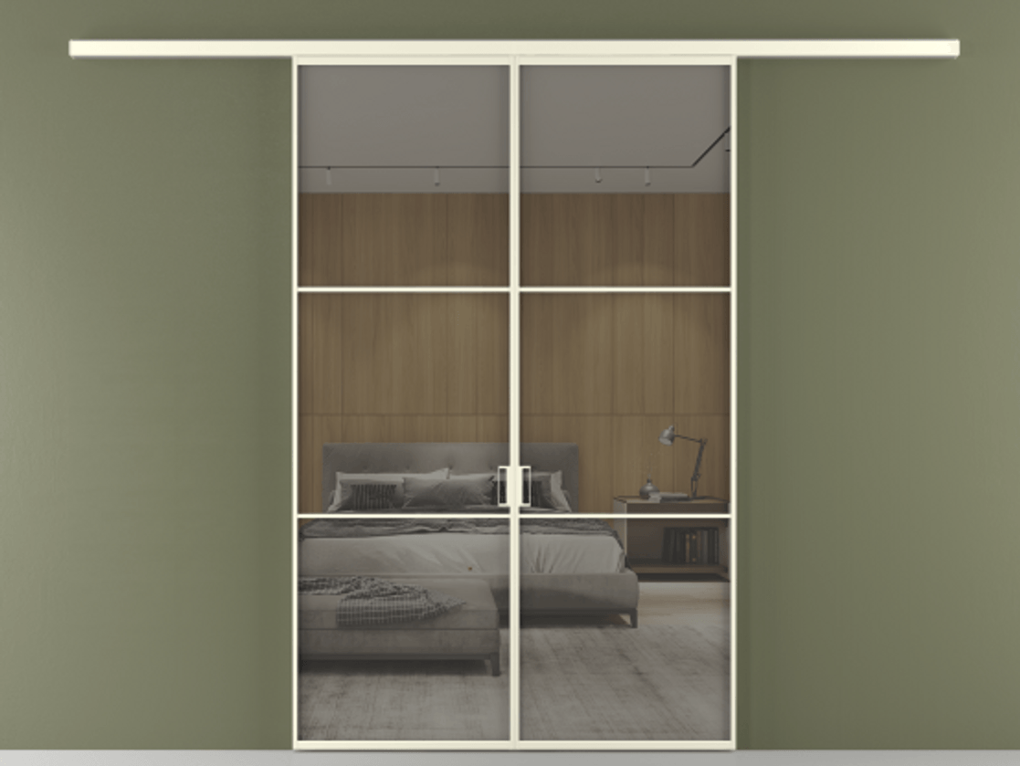 Перегородка Формато вдоль стены 2 створки АЛПР 040.03 Алюминий молочно-белый Рефлективное серое стекло "Стопсол", калёное Цена 1679260 AMD | Volhovec