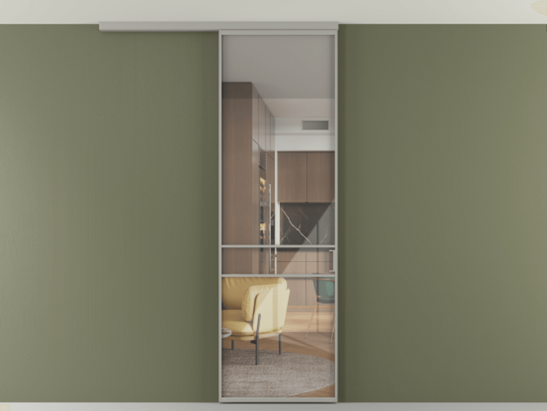 Перегородка Формато вдоль стены на потолок 1 створка АЛПР 040.02 Алюминий нейтральный серый Рефлективное прозрачное стекло "Стопсол", калёное Цена 724220 AMD | Volhovec