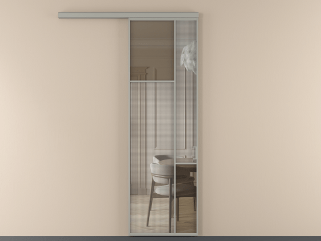 Перегородка Mosaic вдоль стены 1 створка АЛПР 041.10 Алюминий нейтральный серый Декоративное стекло с сеткой "Mesh silver", триплекс, 6 мм + Прозрачное бронзовое стекло, триплекс Цена 964590 AMD | Volhovec