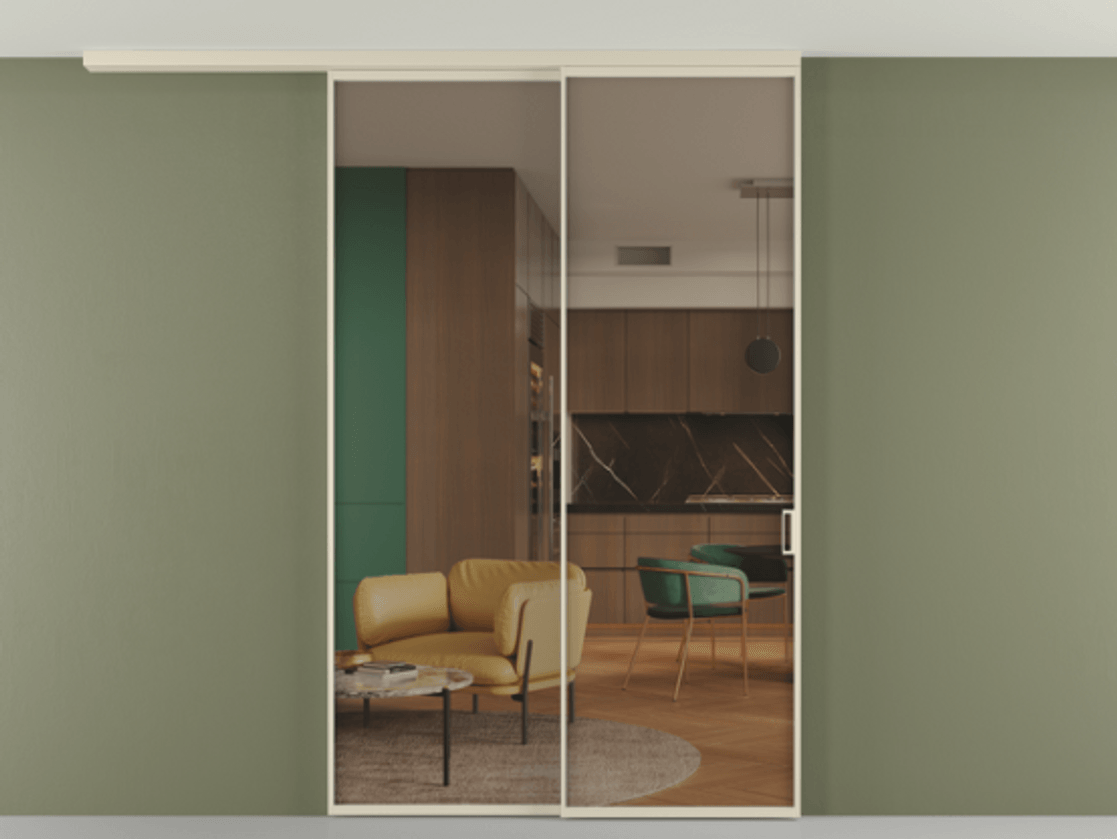 Перегородка Формато вдоль стены на потолок 2 створки с синхронным механизмом АЛПР 040.01 Алюминий бежево-серый Прозрачное бронзовое стекло, триплекс Цена 2017400 AMD | Volhovec