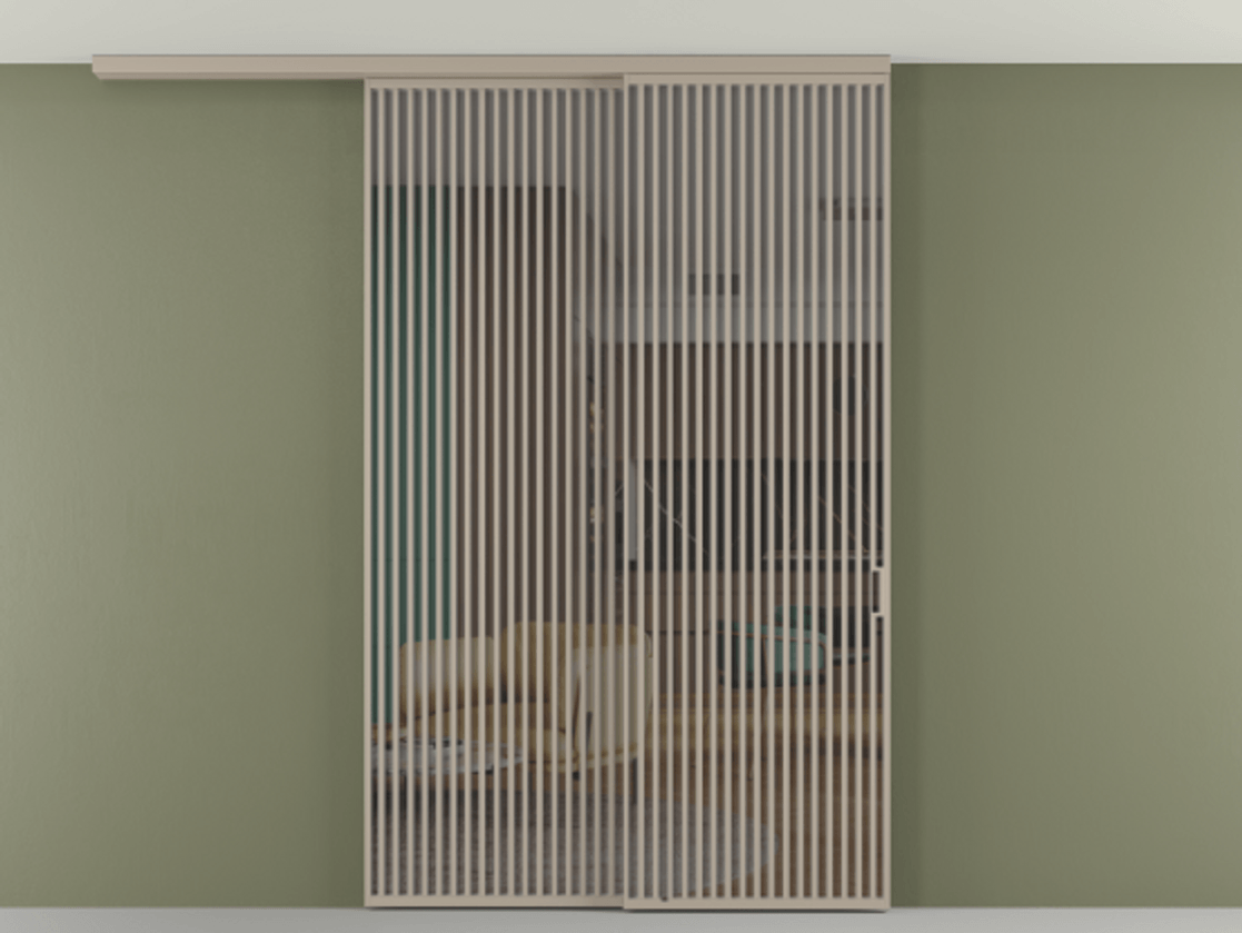 Перегородка Формато вдоль стены на потолок 2 створки с синхронным механизмом АЛПР 040.06 Алюминий бисквитный Прозрачное серое стекло, триплекс Цена 3037880 AMD | Volhovec