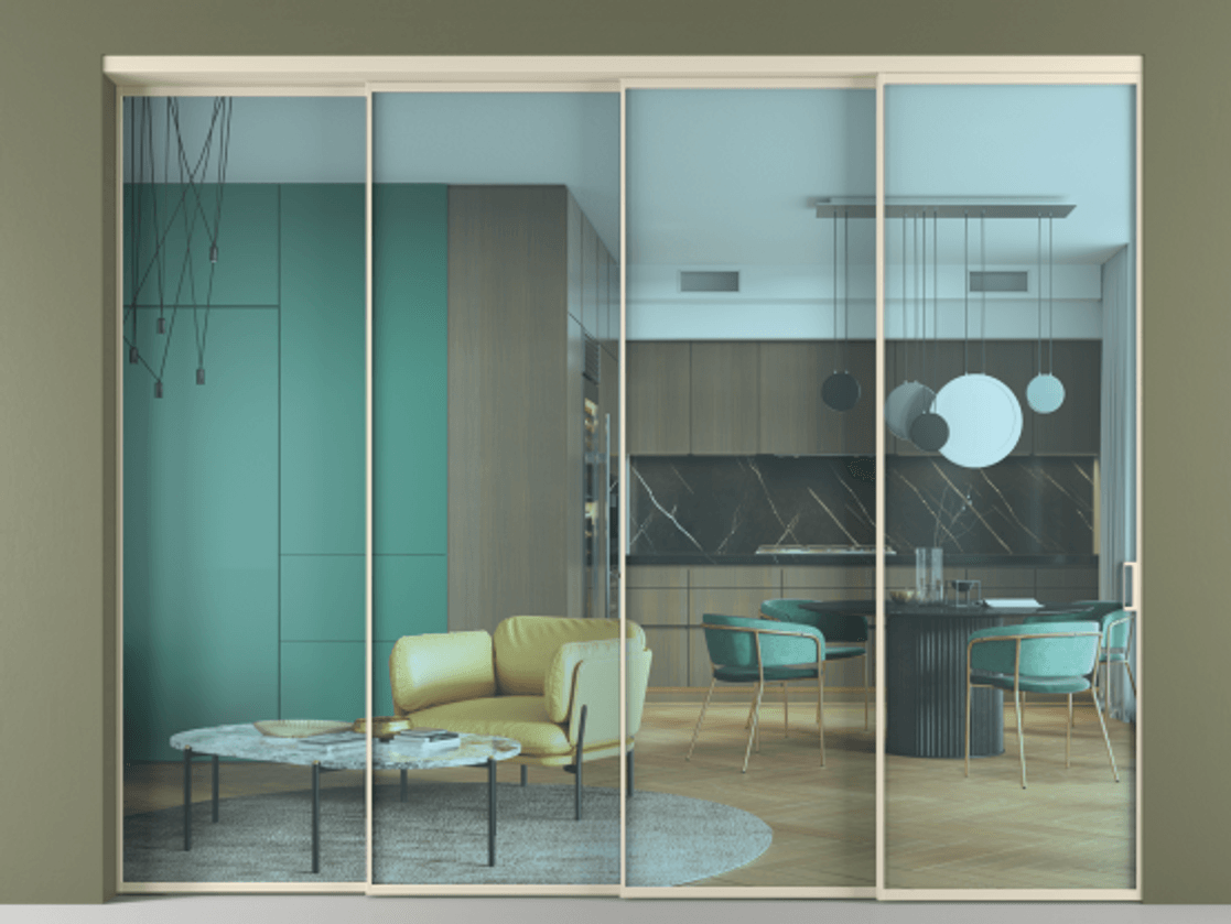 Перегородка Formato внутри проёма 4 створки с синхронным механизмом АЛПР 040.01 Алюминий бежево-серый Прозрачное голубое стекло, триплекс Цена 3010800 AMD | Volhovec