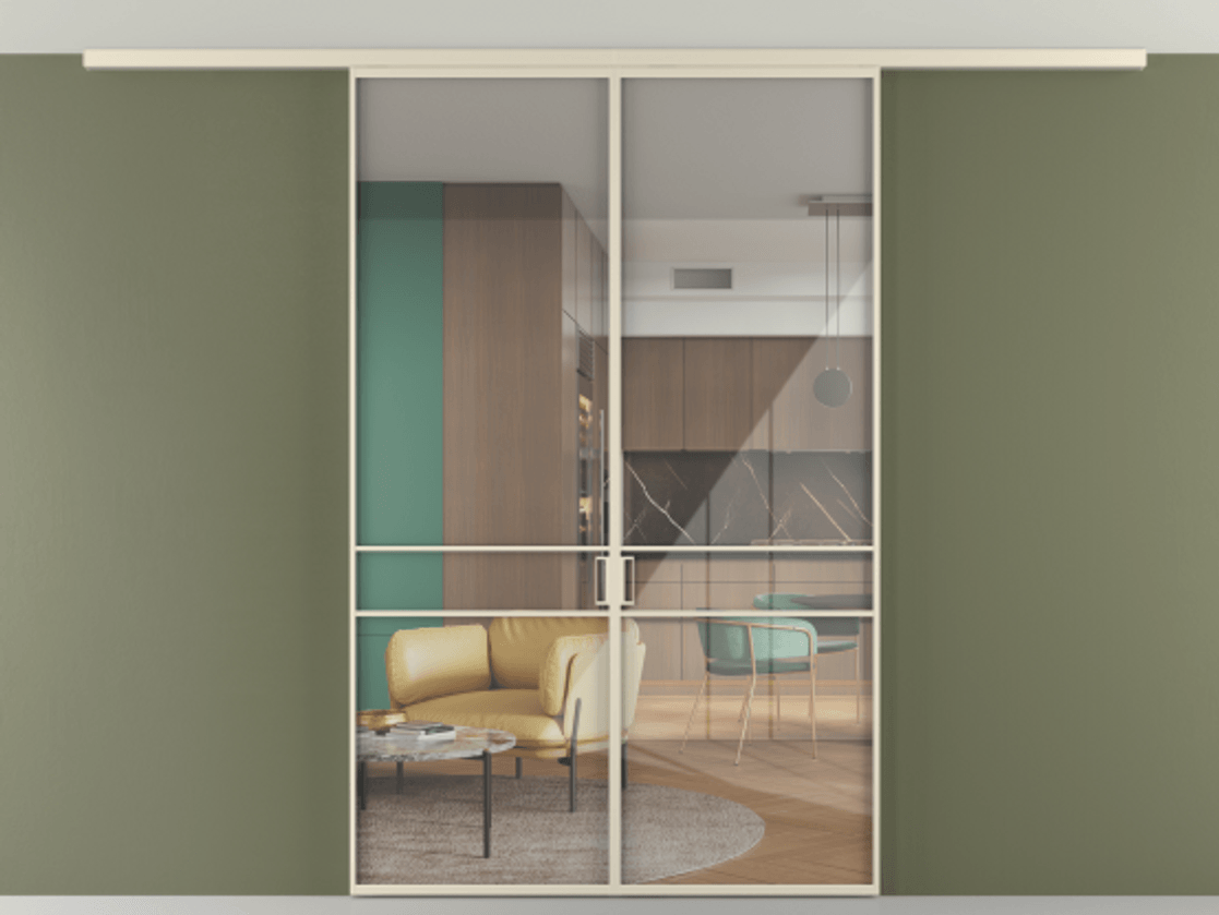 Перегородка Формато вдоль стены на потолок 2 створки АЛПР 040.02 Алюминий бежево-серый Рефлективное прозрачное стекло "Стопсол", калёное Цена 1645000 AMD | Volhovec