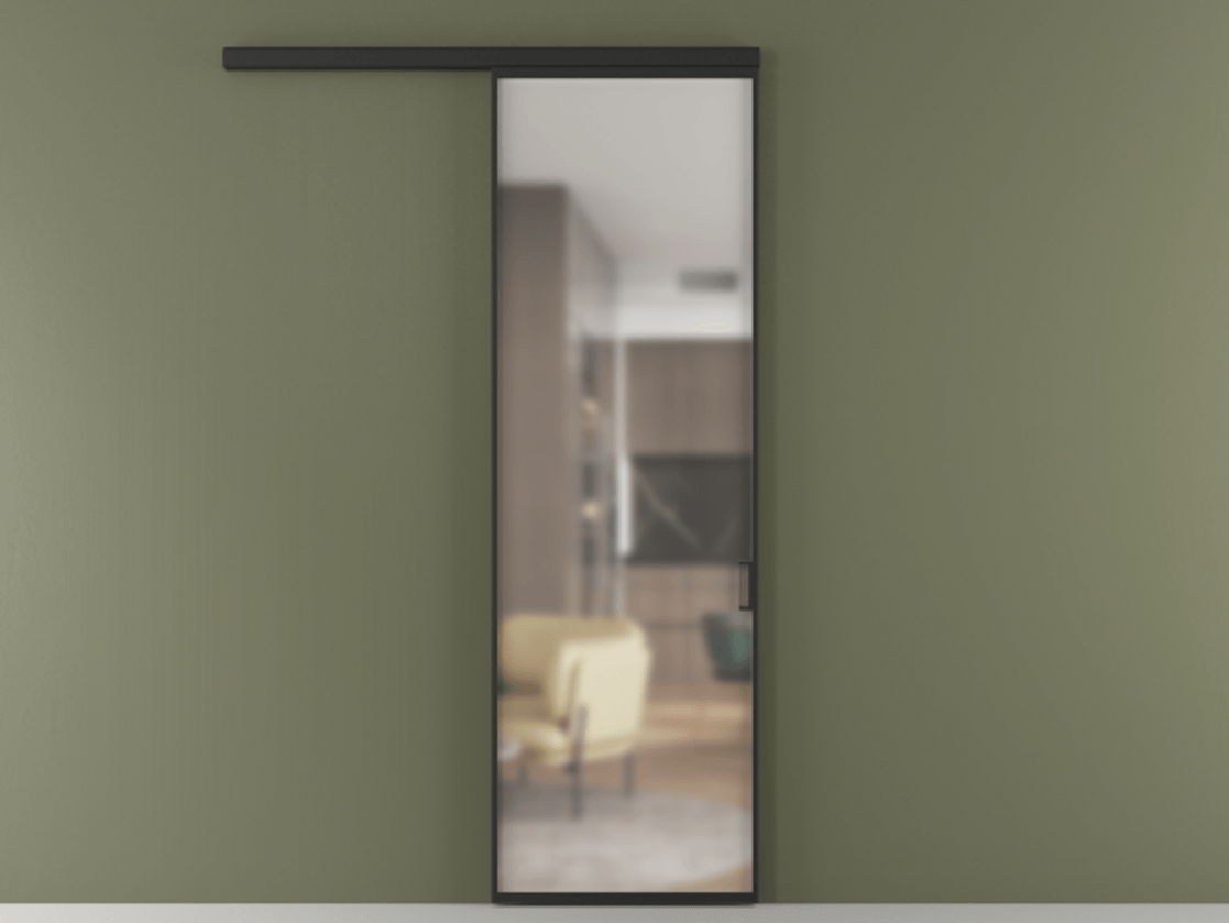 Перегородка Formato вдоль стены 1 створка АЛПР 040.01 Алюминий Черный Сатинированное стекло "Matelux Crystal Vision", калёное, матовое, каленое 6 мм Цена 802540 AMD  | Volhovec