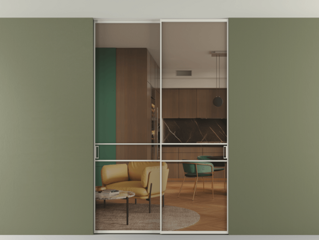 Перегородка Формато внутри проёма скрытое крепление в потолок 2 створки АЛПР 040.02 Алюминий облачно-серый Прозрачное бронзовое стекло, триплекс Цена 13370 AZE | Volhovec