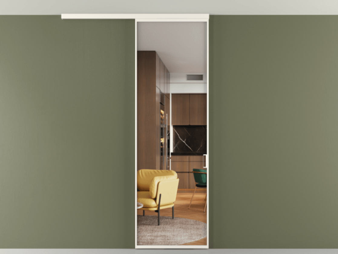 Перегородка Формато вдоль стены на потолок 1 створка АЛПР 040.01 Алюминий пудровый белый Прозрачное стекло "Кристал Вижн", калёное Цена 806380 AMD | Volhovec