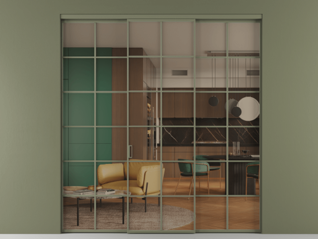 Перегородка Формато внутри проёма 3 створки АЛПР 040.05 Алюминий оливковый тёмный Прозрачное бронзовое стекло, триплекс Цена 1718540 AMD | Volhovec