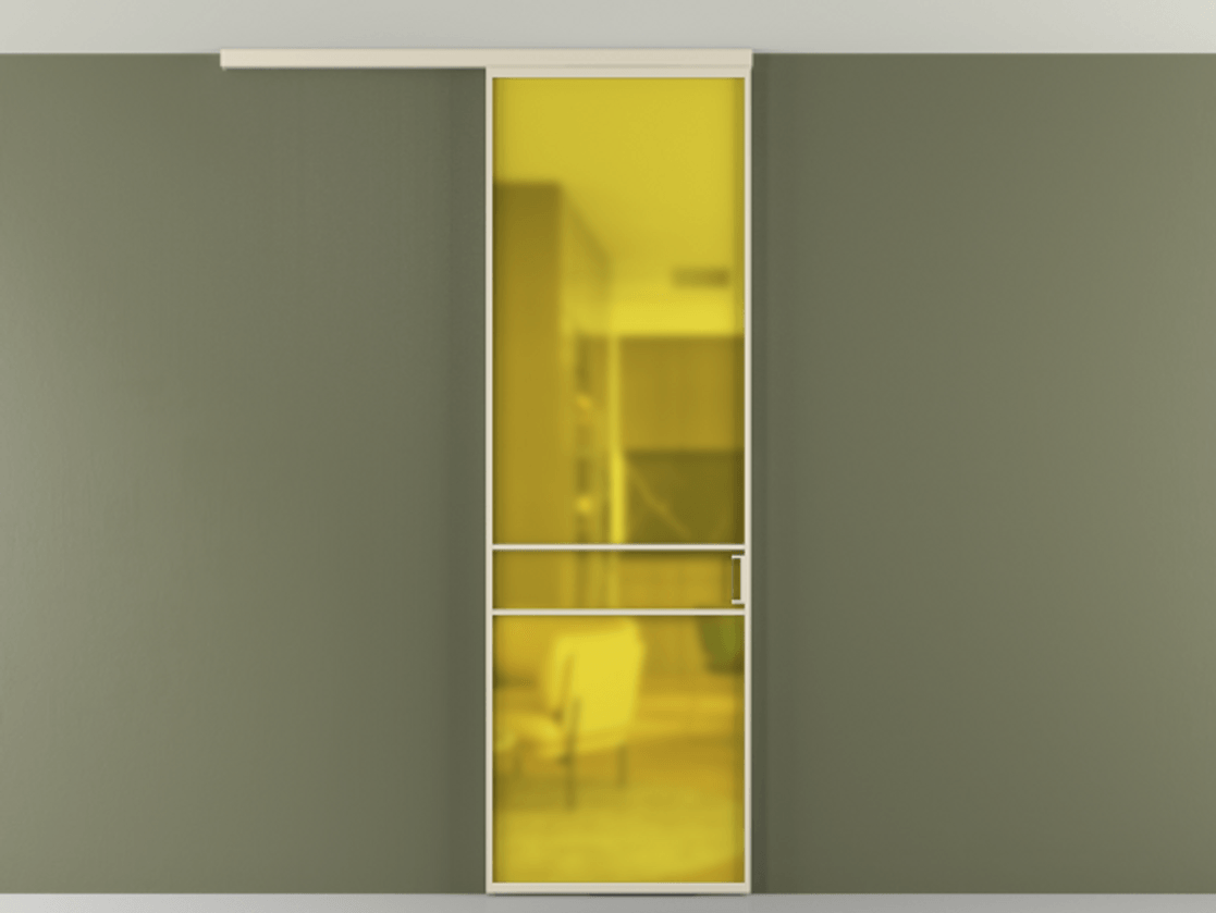 Перегородка Formato вдоль стены на потолок 1 створка АЛПР 040.02 Алюминий бежево-серый Сатинированное жёлтое стекло, триплекс Цена 681100 AMD | Volhovec