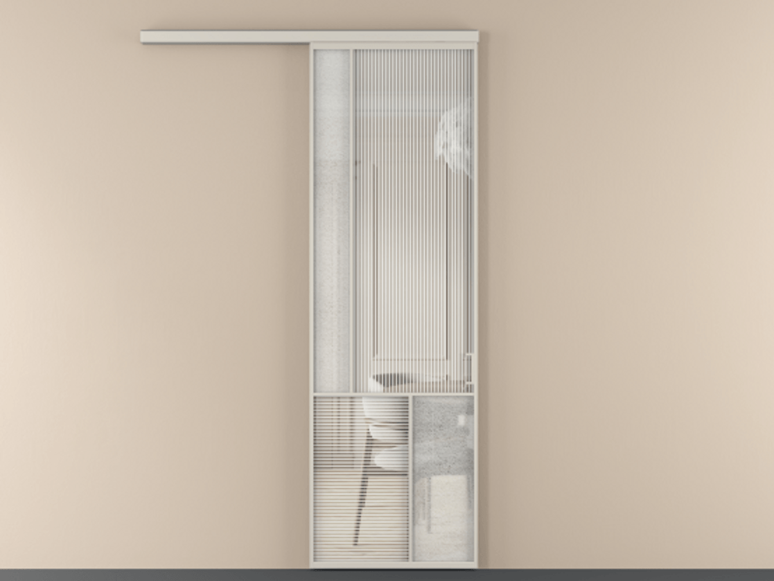 Перегородка Mosaic вдоль стены 1 створка АЛПР 041.20 Алюминий облачно-серый Рифлёное стекло "Дюна", триплекс, 6 мм + Фактурное стекло "Лёд", триплекс Цена 978080 AMD | Volhovec