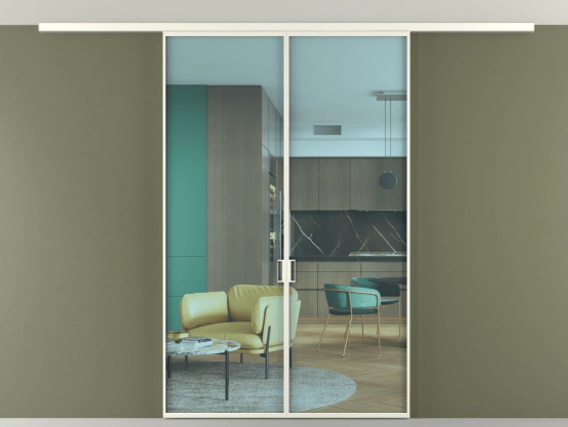 Перегородка Формато вдоль стены на потолок 2 створки АЛПР 040.01 Алюминий жемчужный Прозрачное голубое стекло, триплекс Цена 1198400 AMD | Volhovec