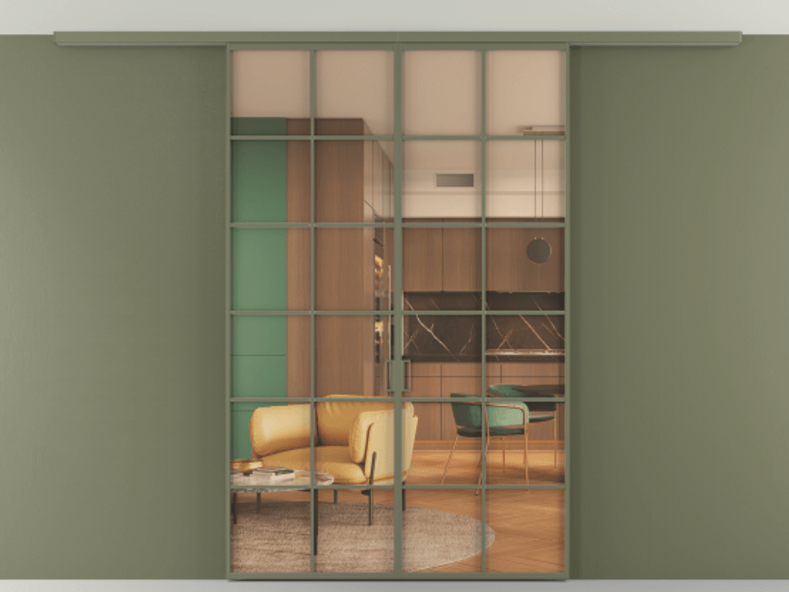 Перегородка Formato вдоль стены на потолок 2 створки АЛПР 040.05 Алюминий оливковый тёмный Прозрачное оранжевое стекло, триплекс Цена 1406800 AMD | Volhovec