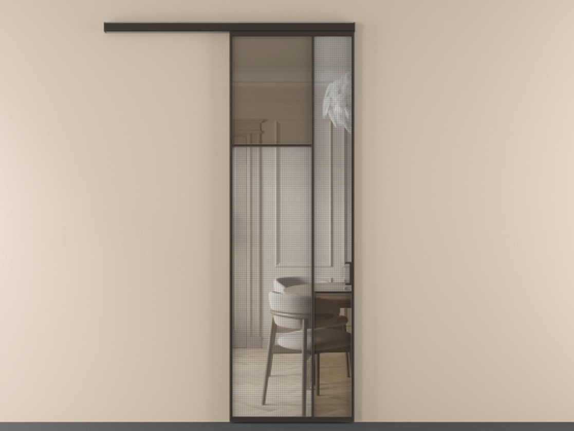 Перегородка Mosaic вдоль стены 1 створка АЛПР 041.10 Алюминий антрацит Декоративное стекло с сеткой "Mesh silver", триплекс, 6 мм + Прозрачное бронзовое стекло, триплекс Цена 964590 AMD | Volhovec