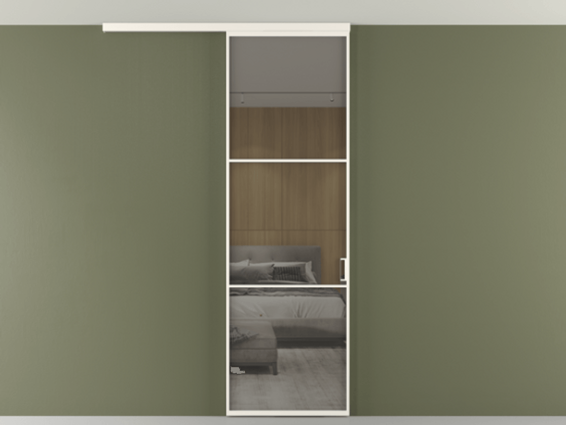 Перегородка Формато вдоль стены на потолок 1 створка АЛПР 040.03 Алюминий пудровый белый Рефлективное серое стекло "Стопсол", калёное Цена 846440 AMD | Volhovec