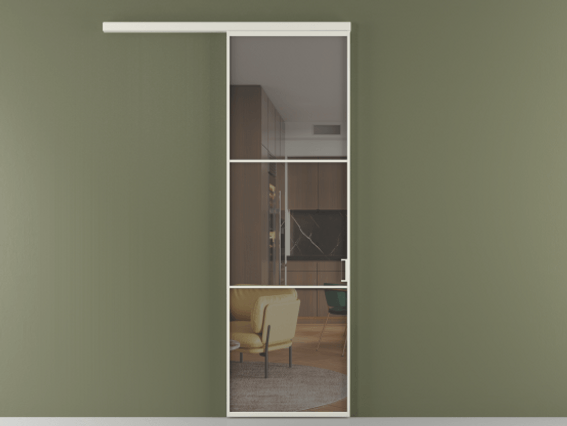 Перегородка Формато вдоль стены 1 створка АЛПР 040.03 Алюминий Белый Прозрачное серое стекло, триплекс Цена 580390 AMD  | Volhovec