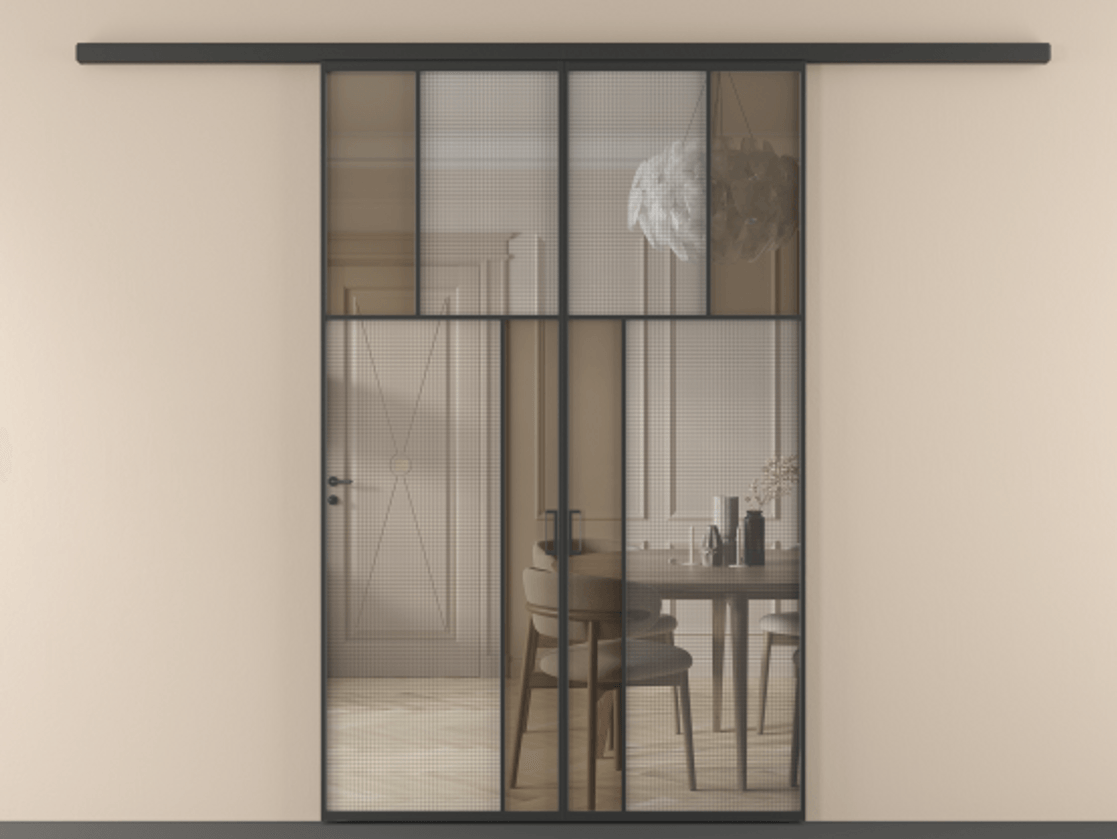 Перегородка Mosaic вдоль стены двустворчатая АЛПР 041.22 Алюминий Черный Декоративное стекло с сеткой "Mesh silver", триплекс, 6 мм + Прозрачное бронзовое стекло, триплекс, 6 мм Цена 1696521 AMD | Volhovec