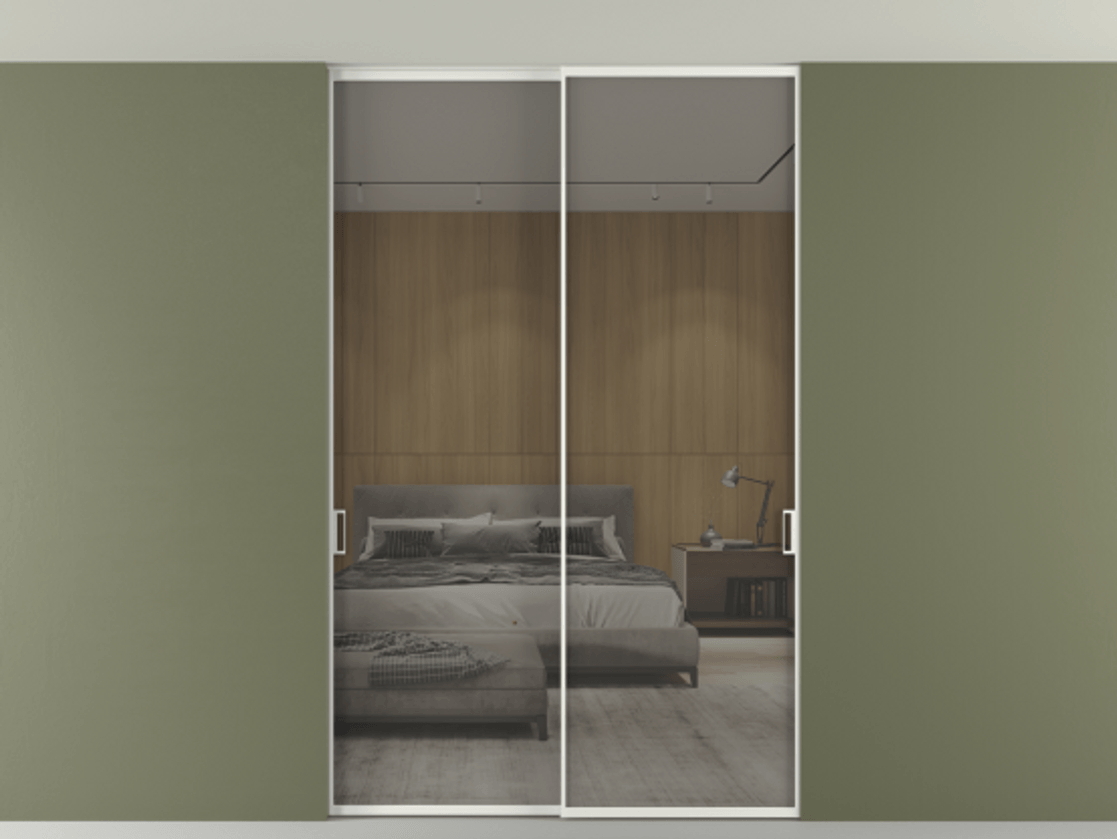 Перегородка Формато внутри проёма скрытое крепление в потолок 2 створки АЛПР 040.01 Алюминий светло-серый Рефлективное серое стекло "Стопсол", калёное Цена 1980310 AMD | Volhovec