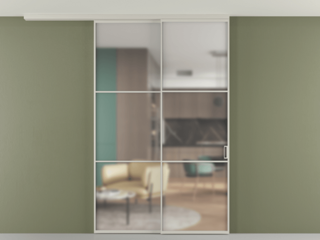 Перегородка Формато вдоль стены на потолок 2 створки с синхронным механизмом АЛПР 040.03 Алюминий тёплый серый Сатинированное стекло "Мателюкс Кристал Вижн", калёное, матовое, каленое 6 мм Цена 2205420 AMD | Volhovec