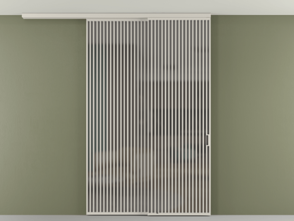 Перегородка Формато вдоль стены на потолок 2 створки с синхронным механизмом АЛПР 040.06 Алюминий облачно-серый Сатинированное серое стекло, триплекс Цена 3037880 AMD | Volhovec