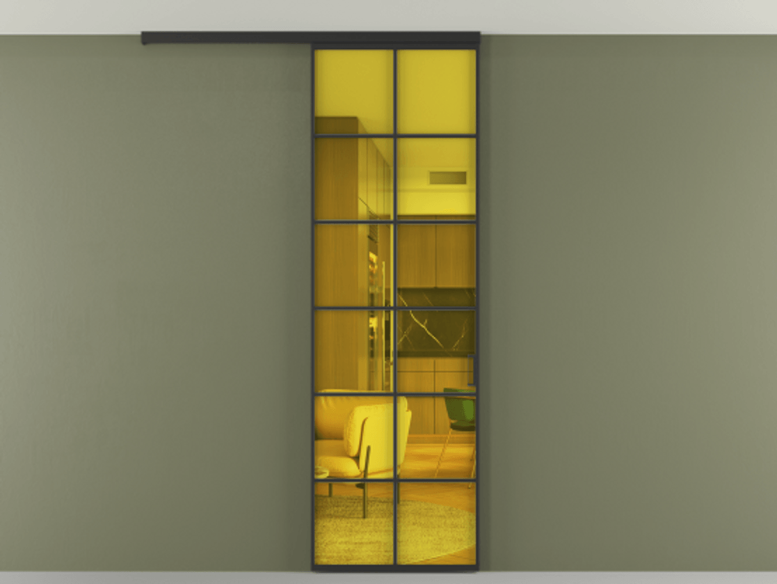 Перегородка Формато вдоль стены на потолок 1 створка АЛПР 040.05 Алюминий Черный Прозрачное жёлтое стекло, триплекс Цена 669600 AMD | Volhovec