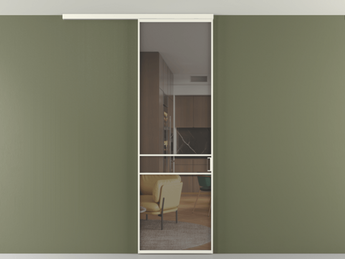 Перегородка Formato вдоль стены на потолок 1 створка АЛПР 040.02 Алюминий жемчужный Прозрачное серое стекло, триплекс Цена 96858 ₽ | Volhovec