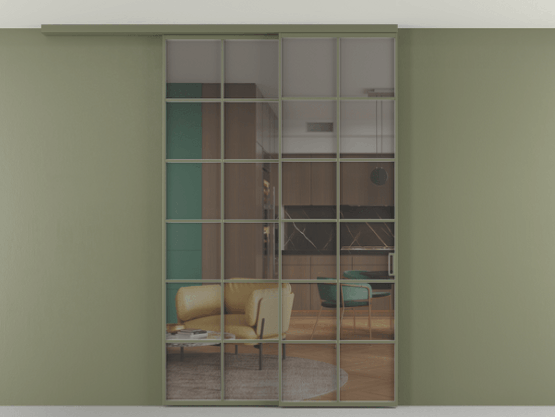 Перегородка Формато вдоль стены на потолок 2 створки с синхронным механизмом АЛПР 040.05 Алюминий оливковый тёмный Прозрачное серое стекло, триплекс Цена 1967250 AMD | Volhovec