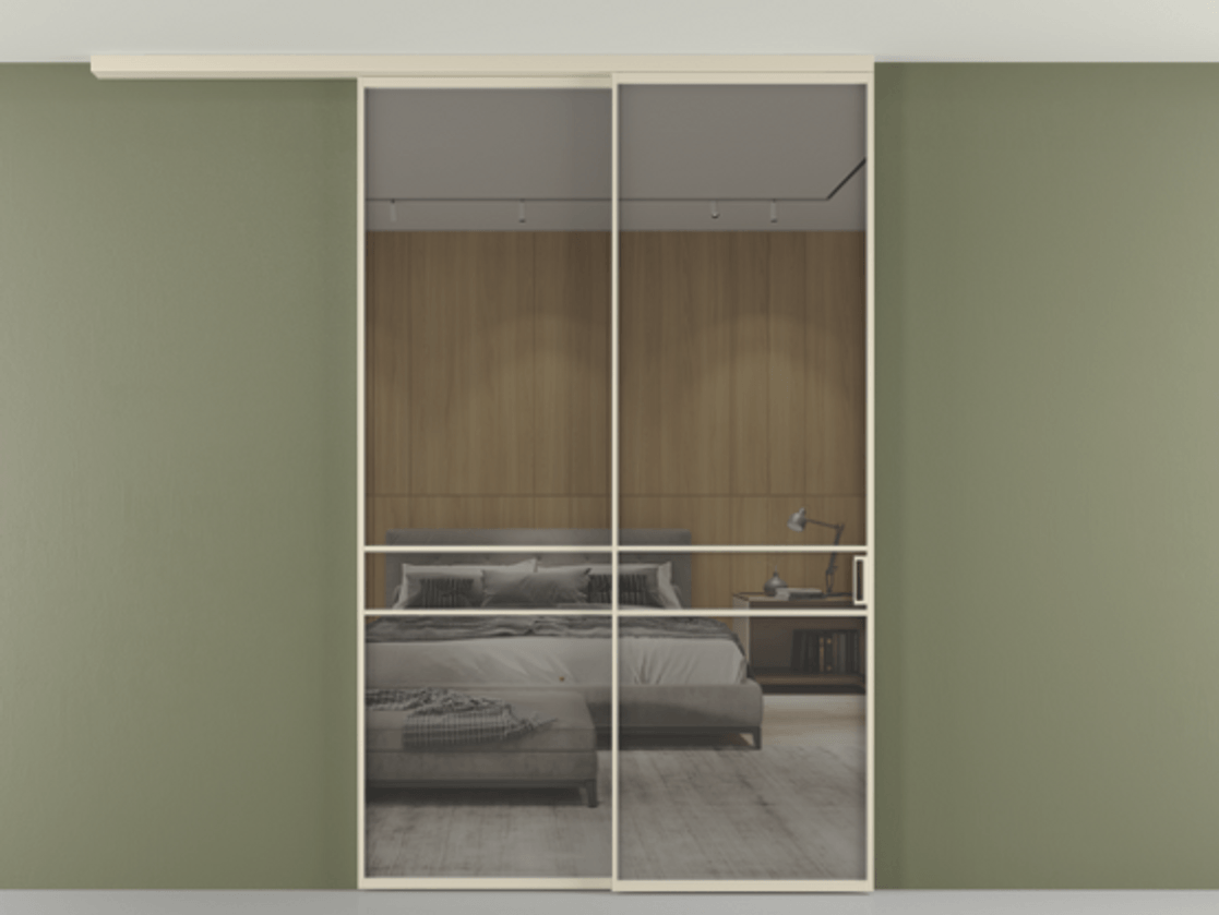 Перегородка Формато вдоль стены на потолок 2 створки с синхронным механизмом АЛПР 040.02 Алюминий бежево-серый Рефлективное серое стекло "Стопсол", калёное Цена 2205420 AMD | Volhovec