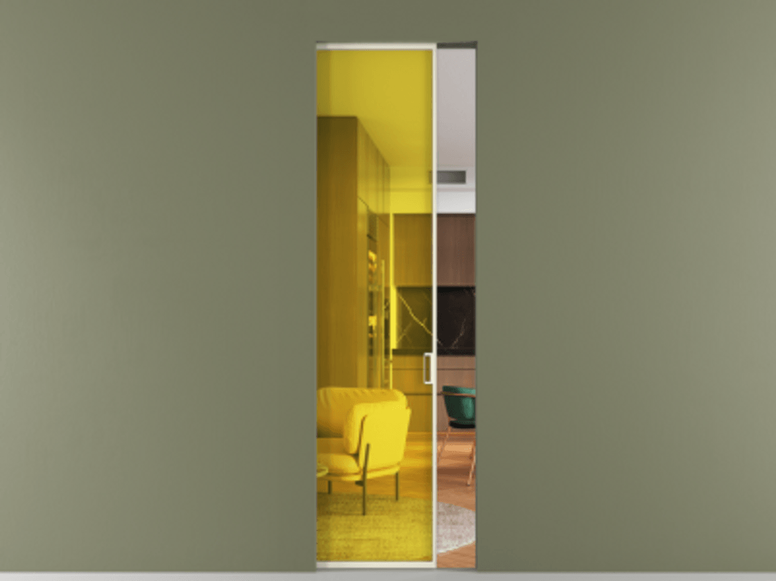 Перегородка Formato скрытый пенал 1 створка АЛПР 040.01 Алюминий молочно-белый Прозрачное жёлтое стекло, триплекс Цена 1112800 AMD | Volhovec