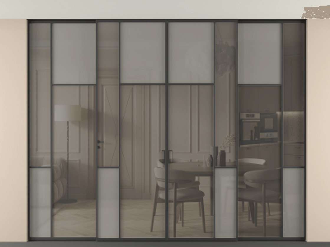 Перегородка Mosaic внутри проёма скрытое крепление в потолок 4 створки АЛПР 041.10 Алюминий Черный Сатинированное серое стекло, триплекс, 6 мм + Прозрачное серое стекло, триплекс Цена 3872000 AMD | Volhovec