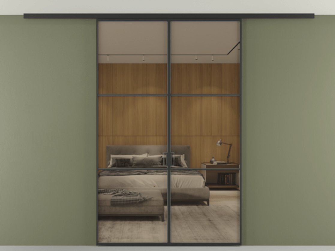 Перегородка Formato вдоль стены на потолок двустворчатая АЛПР 040.03 Алюминий Черный Рефлективное бронзовое стекло "Stopsol", калёное, 6 мм Цена 244510 ₽ | Volhovec