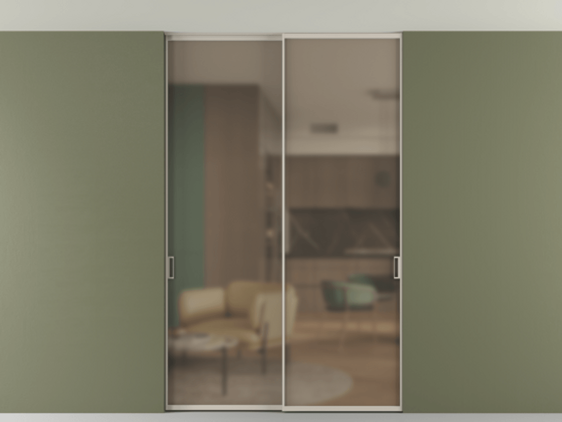 Перегородка Formato внутри проёма двустворчатая со скрытым креплением в потолок АЛПР 040.01 Алюминий светло-бежевый Сатинированное бронзовое стекло, триплекс Цена 261640 ₽ | Volhovec