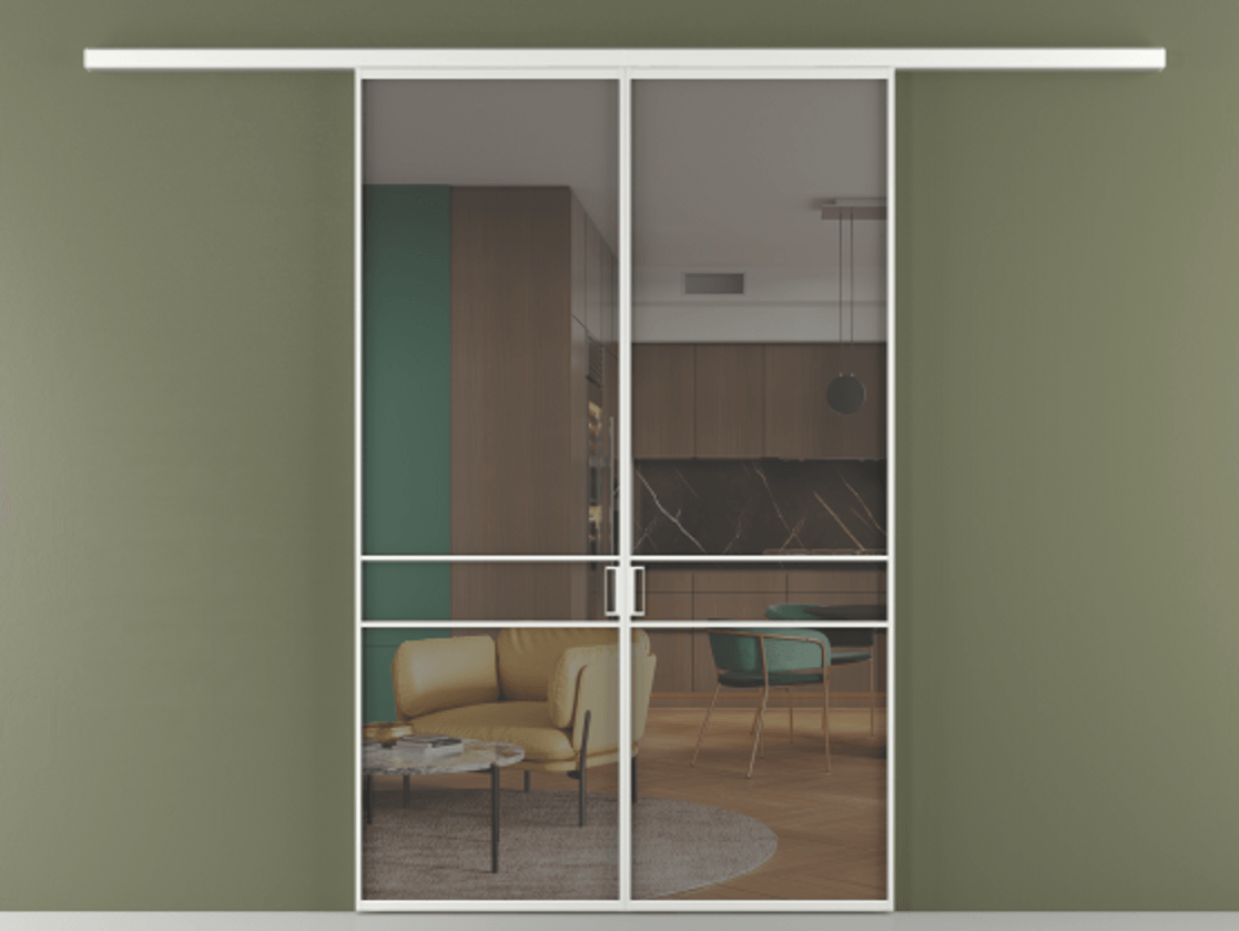 Перегородка Formato вдоль стены 2 створки АЛПР 040.02 Алюминий белоснежный Прозрачное серое стекло, триплекс Цена 233000 ₽ | Volhovec