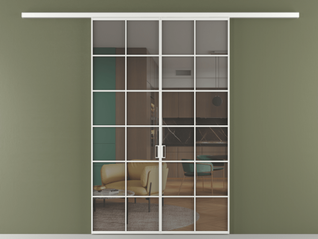 Перегородка Formato вдоль стены 2 створки АЛПР 040.05 Алюминий белоснежный Прозрачное серое стекло, триплекс Цена 1676560 AMD | Volhovec