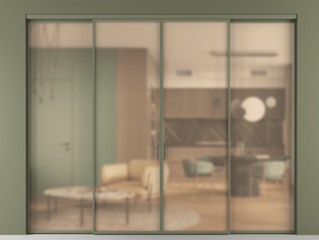 Перегородка Formato внутри проёма 4 створки АЛПР 040.01 Алюминий оливковый тёмный Сатинированное оранжевое стекло, триплекс Цена 2157000 AMD  | Volhovec