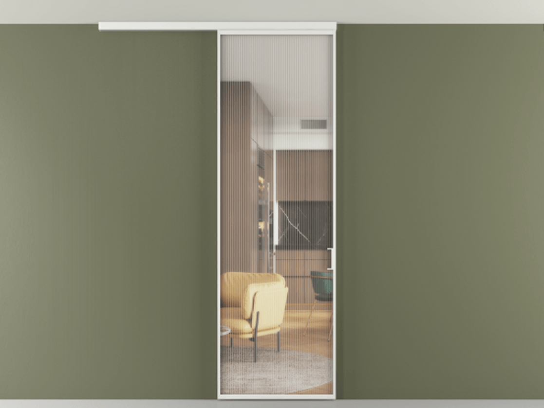 Перегородка Формато вдоль стены на потолок 1 створка АЛПР 040.01 Алюминий белоснежный Рифлёное стекло "Мору", триплекс Цена 663630 AMD | Volhovec