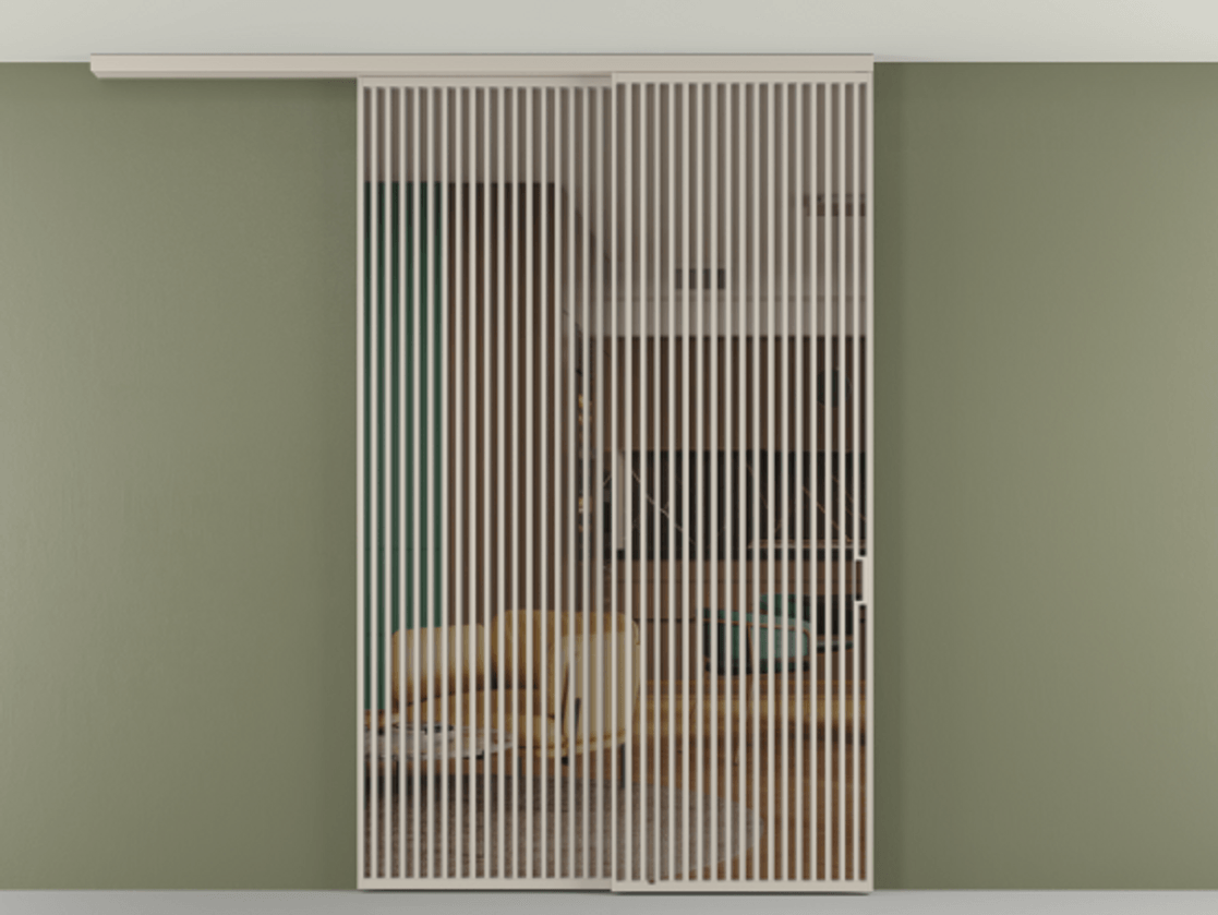 Перегородка Формато вдоль стены на потолок 2 створки с синхронным механизмом АЛПР 040.06 Алюминий светло-бежевый Прозрачное бронзовое стекло, триплекс Цена 3037880 AMD | Volhovec