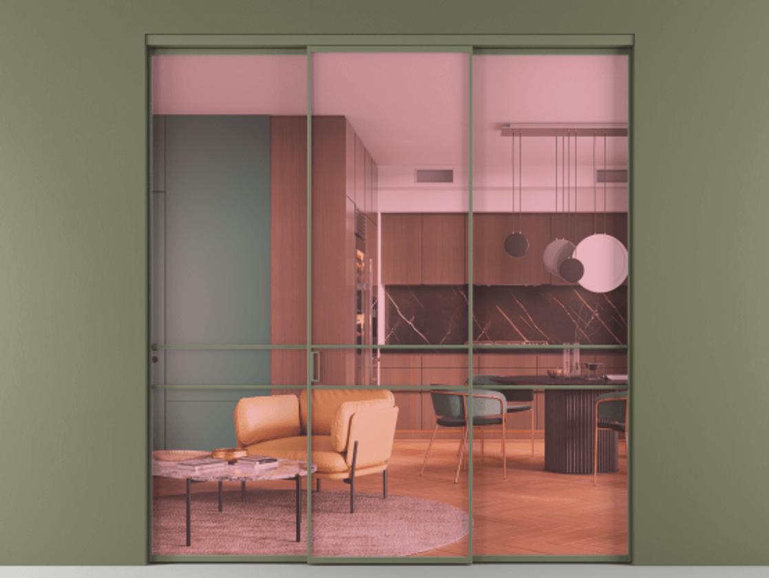 Перегородка Formato внутри проёма 3 створки АЛПР 040.02 Алюминий оливковый тёмный Прозрачное розовое стекло, триплекс Цена 1600200 AMD | Volhovec