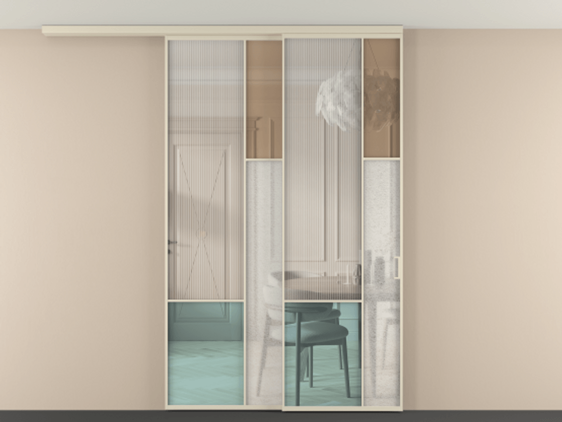 Перегородка Mosaic вдоль стены на потолок 2 створки с синхронным механизмом АЛПР 041.12 Алюминий бежево-серый Комбинация стекол Группы 1 и Группы 3 Цена 358080 ₽ | Volhovec