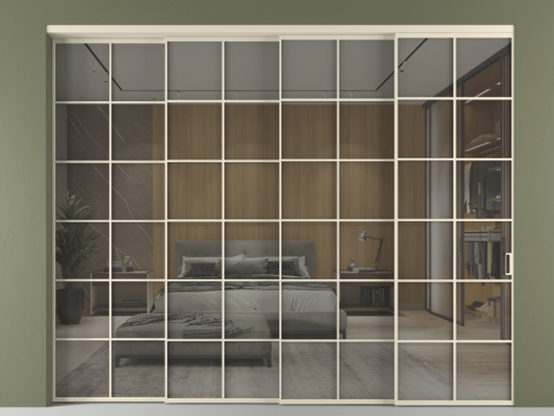 Перегородка Формато внутри проёма 4 створки с синхронным механизмом АЛПР 040.05 Алюминий бежево-серый Рефлективное серое стекло "Стопсол", калёное Цена 3468300 AMD | Volhovec